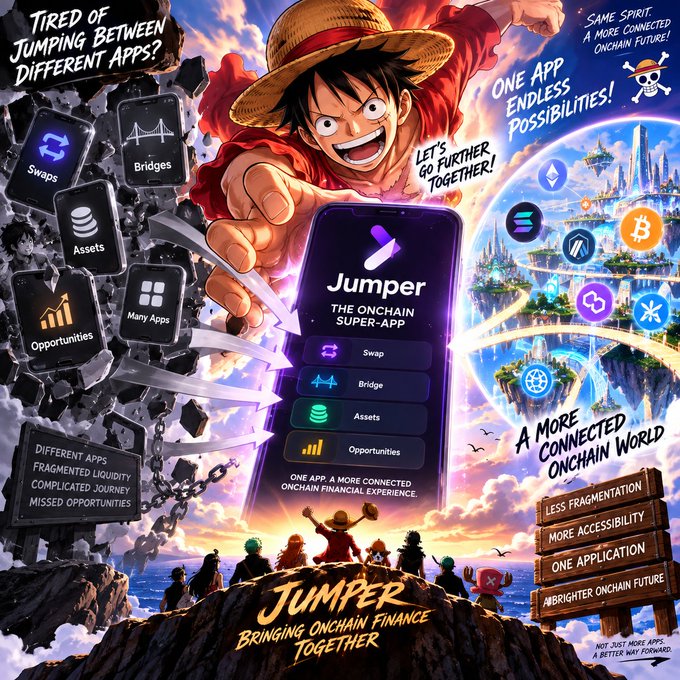 A vibrant promotional advertisement for 'Jumper - THE ONCHAIN SUPER-APP' featuring an anime-style character in a straw hat, with text reading 'JUMPER BRINGING ONCHAIN FINANCE TOGETHER', 'LESS FRAGMENTATION', and 'A MORE CONNECTED ONCHAIN WORLD'.