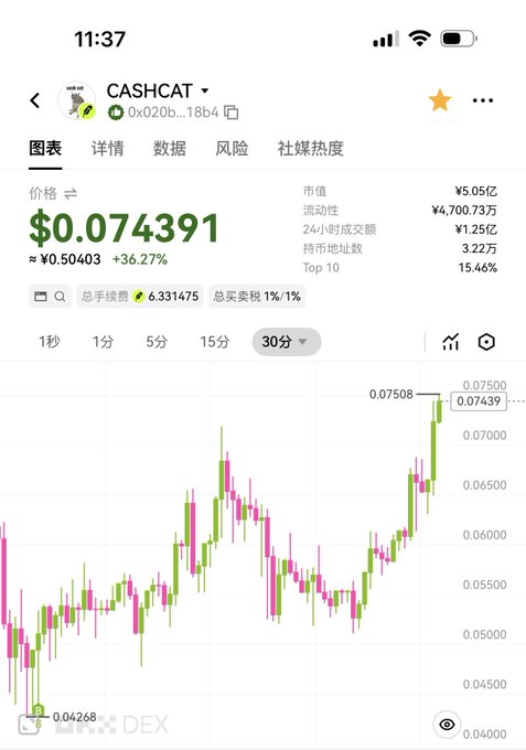 A crypto price chart for CASHCAT showing a price of $0.074391, up 36.27%, with 24h volume of ¥4,700.73万 and market cap of ¥5.05亿.