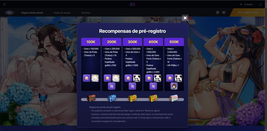 An anime-style pre-registration reward page titled 'Recompensas de pré-registro' displays milestone rewards (100K to 500K) including 'Urso de Prata' and 'Espirituais grátis' featuring illustrated female characters.
