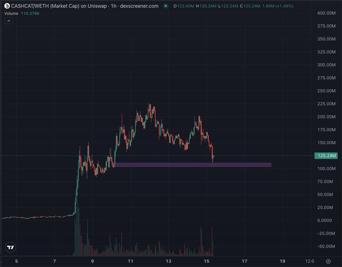 A 1-hour candlestick chart for 'CASHCAT/WETH (Market Cap) on Uniswap' showing a significant price drop to around 125.24M.