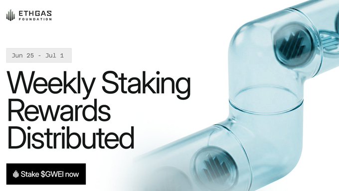 A promotional graphic from Ethgas Foundation announces the distribution of Weekly Staking Rewards for the period of Jun 25 - Jul 1, featuring a stylized image of a transparent pipe with flowing contents and a call-to-action to "Stake $GWEI now" at ethgasfoundation.org/staking, which ties directly to the announcement that Cycle 23 staking rewards have been distributed at a ~13.88% protocol APR.