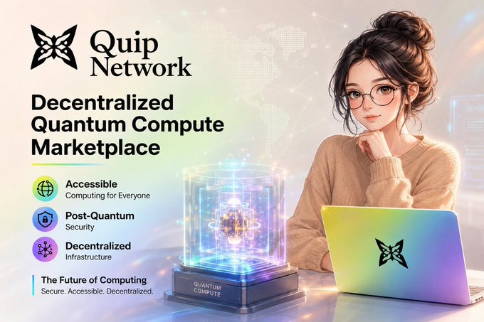 A promotional graphic for 'Quip Network' promoting a 'Decentralized Quantum Compute Marketplace' with features 'Accessible,' 'Post-Quantum Security,' and 'Decentralized Infrastructure,' featuring an anime-style woman with glasses working on a laptop next to a glowing quantum compute device.