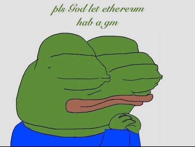 A sad Pepe the Frog meme is shown with the text "pls God let thererum hab a gm" written above it, a play on the phrase "please God let Ethereum have a good morning" commonly used by crypto enthusiasts.