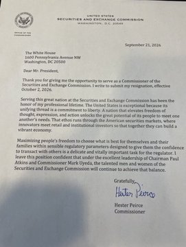 A letter from the United States Securities and Exchange Commission dated September 21, 2016, to The White House, signed by Hester Peirce as Hester Peirce Commissioner, thanking them for the opportunity to testify and discussing regulatory balance.