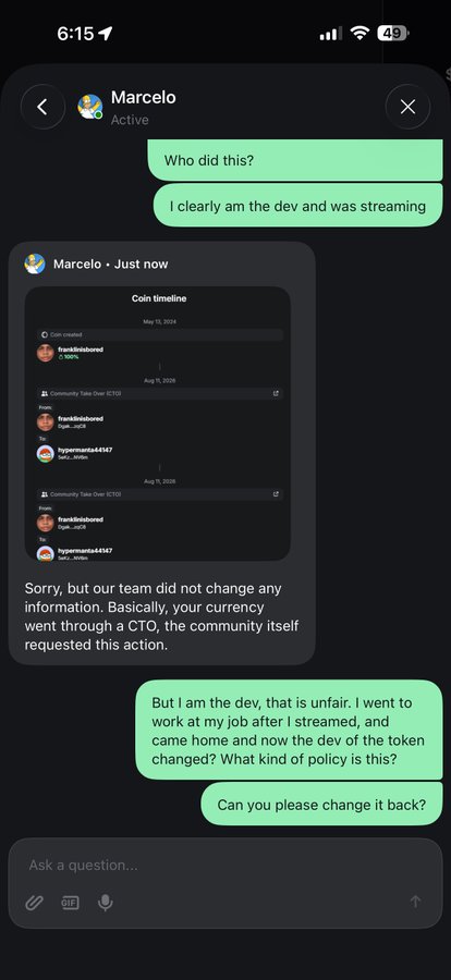 A WhatsApp conversation with Marcelo where a user is asking 'Who did this?' regarding a coin timeline change on their crypto project, and Marcelo responds that the community requested the action through a CTO.