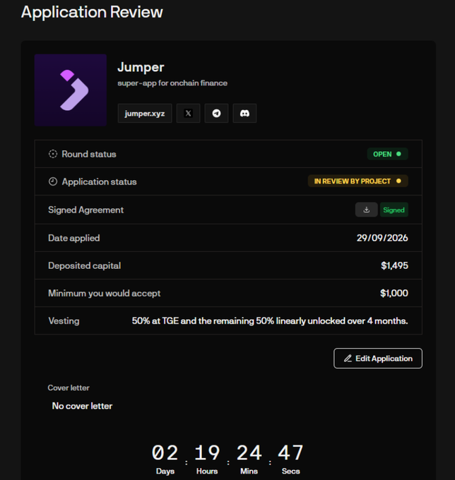 The image shows an "Application Review" screen for the Jumper ($JUMP) presale on Legion, with a deposited capital of $1,495, a minimum acceptance of $1,000, and a countdown timer at 02 days, 19 hours, 24 minutes, and 47 seconds remaining, reflecting the user's recent application mentioned in the caption.