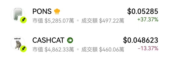 A cryptocurrency price list showing PONS at $0.05285 (+37.37%) with a market cap of $52.85 million, and CASHCAT at $0.048623 (-13.37%) with a market cap of $48.62 million, displayed in Chinese.