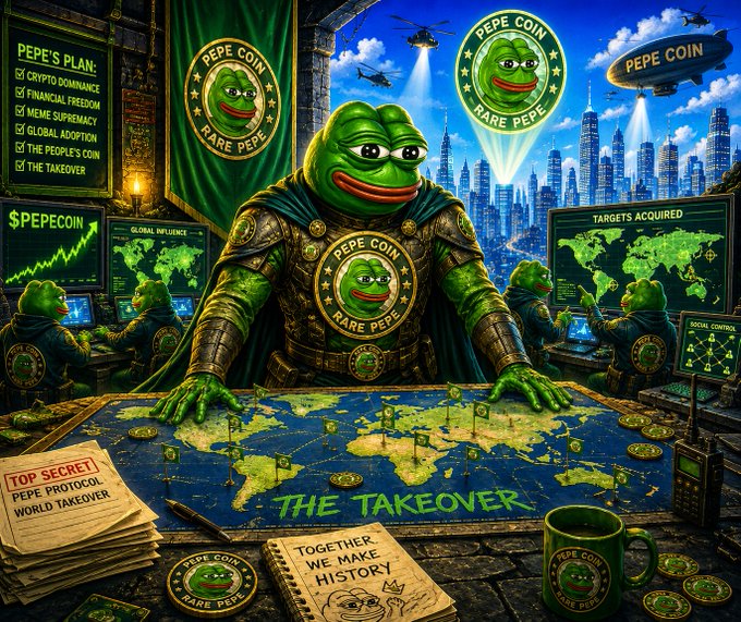 A vibrant 'PEPE COIN - THE TAKEOVER' themed digital artwork featuring a warrior Pepe frog at a war room table, with a world map, 'PEPE'S PLAN' checklist, and '$PEPECOIN' price chart in the background.