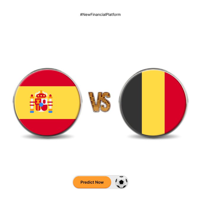 This image visualizes a soccer match between Spain and Belgium, with a call to action to "Predict Now" for a chance to win MNT rewards. The graphic directly supports the accompanying post by illustrating the two teams involved in the prediction contest.