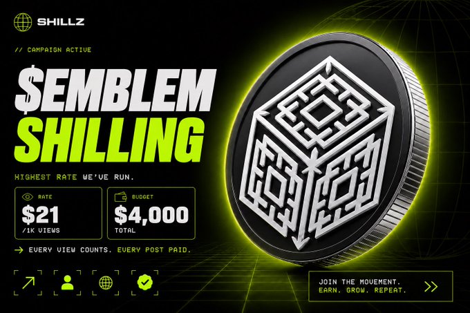 A promotional graphic for 'SHILLZ' advertises an active campaign called '$EMBLEM SHILLING' with text 'HIGHEST RATE WE'VE RUN', showing a rate of $21 per 1K views and a budget of $4,000 total, alongside a black coin featuring a maze-like emblem.