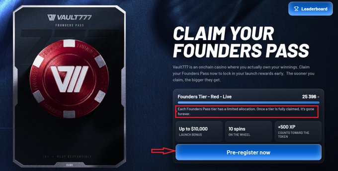 A promotional graphic for 'VAULT777 FOUNDERS PASS' featuring a red poker chip and a 'Pre-register now' button with text indicating each Founders Pass tier has a limited allocation.