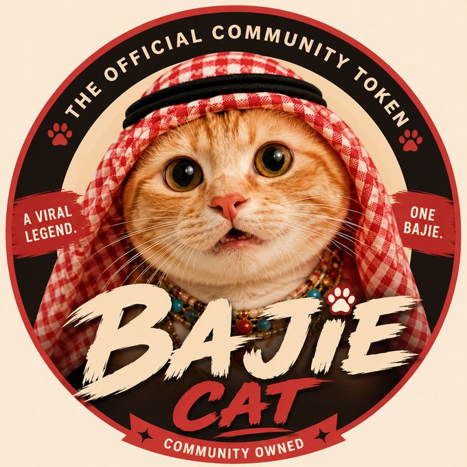 A circular meme coin logo featuring an orange cat wearing a red and white checkered keffiyeh, branded as 'BAJIE CAT - THE OFFICIAL COMMUNITY TOKEN' with text 'A VIRAL LEGEND. ONE BAJIE.' and 'COMMUNITY OWNED'.