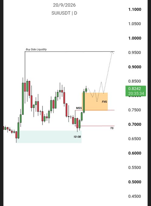 A daily candlestick chart for SUIUSDT dated 20/9/2026 shows price action with technical annotations including 'Buy Side Liquidity', 'MSS', 'FVG', 'TS', and '1D OB', currently trading around 0.8242.
