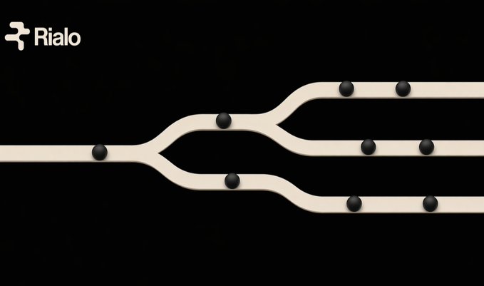 A minimalist graphic on a black background featuring the 'Rialo' logo and a stylized, branching track with dark spheres, possibly representing a digital pathway or data flow.