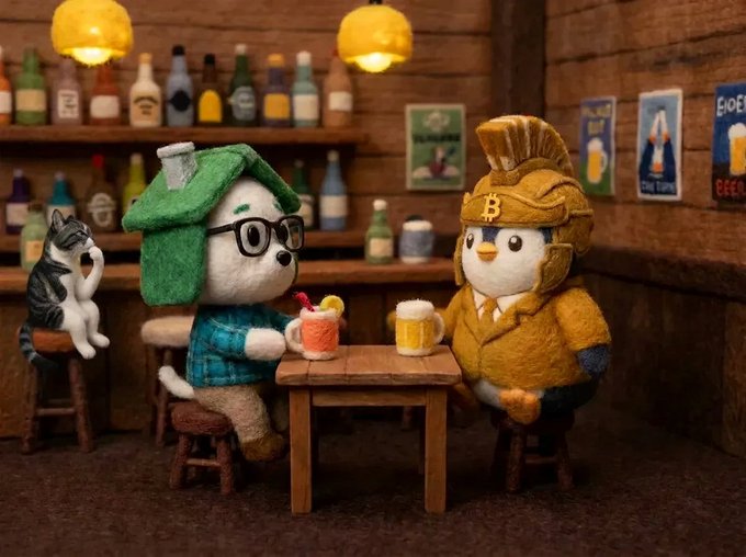 A creative photograph of three plush toys (a husky, a dog in glasses, and a bird in samurai armor with Bitcoin logo) sitting at a wooden table in a miniature bar setting.