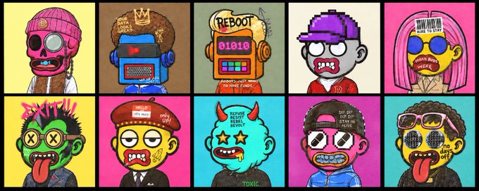 A grid of ten cartoon-style avatars in a crypto/NFT art style, featuring characters with various accessories like hats, sunglasses, horns, and robot heads, with text including 'REBOOT', 'DATA BANK', '01010', and 'TOXIC'.