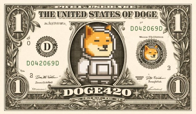 A mock dollar bill titled 'THE UNITED STATES OF DOGE' featuring a pixelated Shiba Inu dog in the center, labeled 'DOGE420' with serial number D042069D.