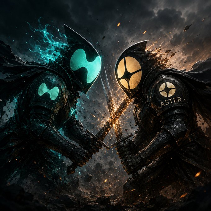 The image features two characters, each wearing a helmet and holding a sword, engaged in combat within a dark and stormy setting. The background of the image is black with white splatters, creating an intense atmosphere. In the corner of the image, there's text that reads "Focus on what is in the image and how it relates to the post $Hype vs $Aster They were the two most talked-about projects of the day Binance founder @cz_binance stated in an interview that he didn't find the applications of Hyper Dex exchange compliant with regulations. He expressed this politely: "I hope they have a good lawyer."".