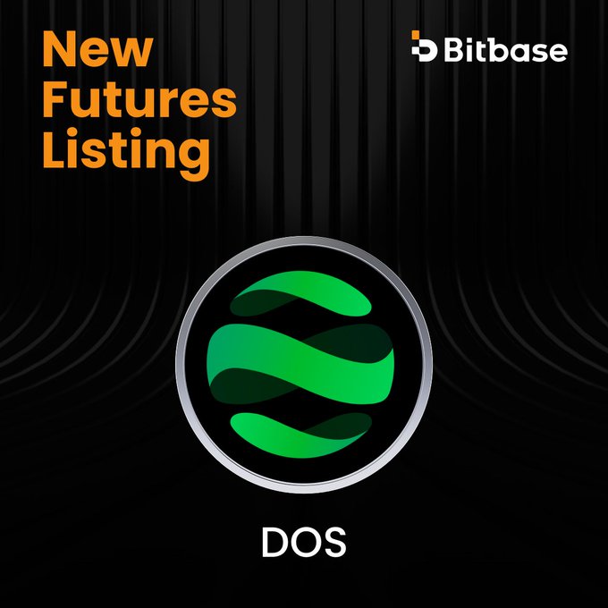 The image is a promotional graphic from Bitbase announcing a "New Futures Listing" for the DOS token (dappOS), featuring its green circular logo on a black background. It corresponds to the post's announcement of the DOSUSDT trading pair launching at 08:00 am UTC on August 13, 2026.