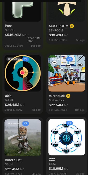 A mobile app screen displaying a grid of cryptocurrency listings including $PONS ($546.29M), $SHROOM ($30.43M), $UBIK ($26.48M), $microduck ($22.54M), $BUN (Bundle Cat, $22.45M), and $ZZZ ($18.69M).