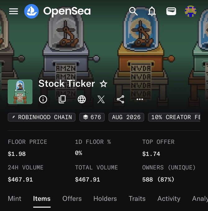 An OpenSea mobile app screenshot showing the 'Stock Ticker' NFT collection on the Robinhood Chain, featuring pixel art stock tickers displaying 'AMZN' and 'NVDA', with a floor price of $1.98 and 588 unique owners.