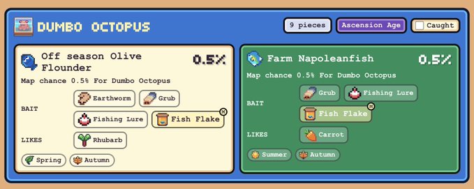 A pixel-art guide for the 'DUMBO OCTOPUS' fish, showing it requires 9 pieces in Ascension Age, with two farming locations: Off season Olive Flounder (0.5% chance, bait: Earthworm/Grub/Fishing Lure/Fish Flake, likes Rhubarb, Spring/Autumn) and Farm Napoleonfish (0.5% chance, bait: Grub/Fishing Lure/Fish Flake, likes Carrot, Summer/Autumn).