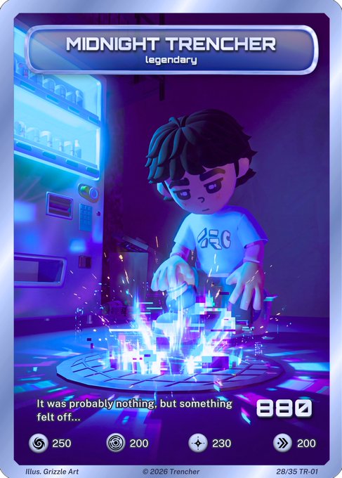 The image shows a "MIDNIGHT TRENCHER" Legendary trading card featuring an anime-style character interacting with a glowing holographic projection, with the caption "It was probably nothing, but something felt off..." and stats of 250, 200, 230, and 200.

This card is part of the Trencher trading card project referenced in the post, which celebrates recent milestones including the launch of @trencherstudio, features in newsletters, the $TRENCHER token, listings on Opensea and Rarible, and their Tokyo event with 150+ attendees.
