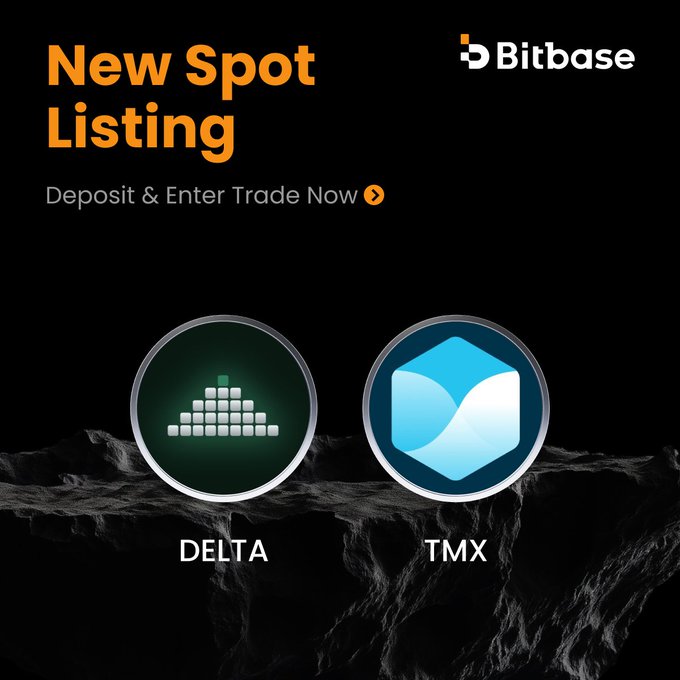 The image is a Bitbase promotional graphic announcing new spot listings for DELTA and TMX tokens against USDT, with the text "New Spot Listing" and "Deposit & Enter Trade Now" displayed alongside the tokens' circular logos on a dark, mountainous background. It aligns with the post by visually highlighting the two newly listed tokens (DELTA and TMX) and the Bitbase exchange branding.