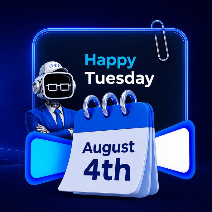 A 'Happy Tuesday August 4th' graphic featuring a robot character wearing a suit and glasses with a digital face, alongside a calendar icon.