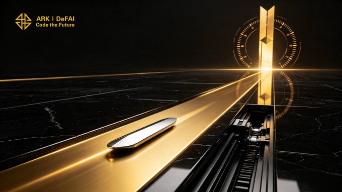 The image displays the "ARK | DeFAI — Code the Future" logo in the upper left alongside a futuristic golden track with a sleek capsule traveling along illuminated rails toward a glowing vertical monolith and circular HUD-like elements. This high-tech, forward-motion visual reinforces the post's message about small actions within the Arkie AI App building momentum and propelling the ARK ecosystem toward a smarter, AI-driven future.