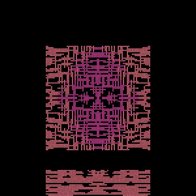 A purple and pink pixelated pattern arranged in a square shape with a rectangular section at the bottom against a black background.
