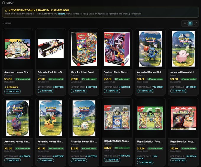A KeyWire shop page displays 15 Pokémon TCG items available for an invite-only private sale, with products like "Ascended Heroes Mini" tins at $21.50 (42-45% under market) and "Mega Evolution" booster boxes at $52.00 (17-39% under market), each marked "NOT FOR SALE" with stock counts and "NOTIFY ME" buttons. The image relates to the post by showcasing exclusive KeyWire member discounts on Pokémon trading cards that may interest collectors seeking below-market pricing.
