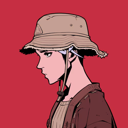 A side-profile anime-style illustration of a young person wearing a worn beige bucket hat and a brown jacket, set against a solid red background.