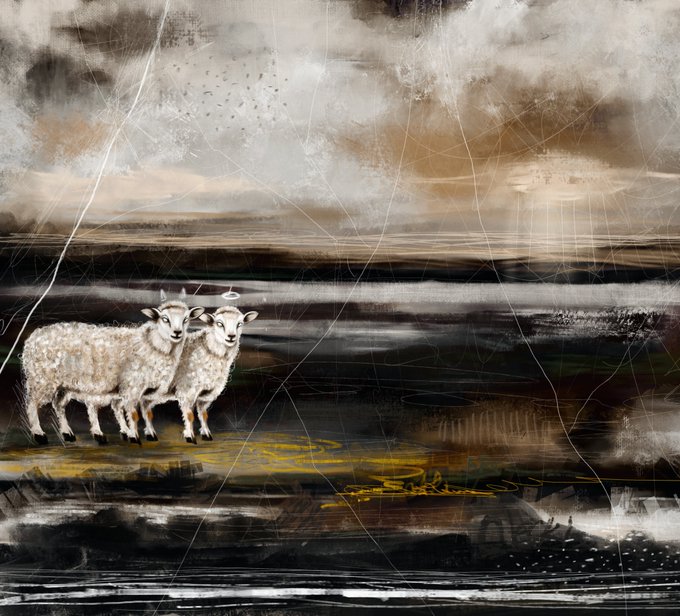 A surreal, mixed-media artwork featuring two small lambs standing on a reflective surface against a moody, textured landscape with cloudy skies and golden accents.