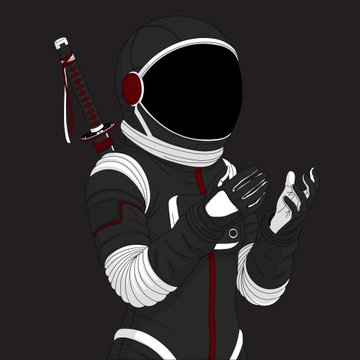 Stylized illustration of a futuristic figure in a black and white astronaut/ninja suit with a katana on its back and a black helmet obscuring the face.