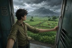 A person in an olive shirt looks out the open door of a train at a mountainous green landscape under a cloudy sky.