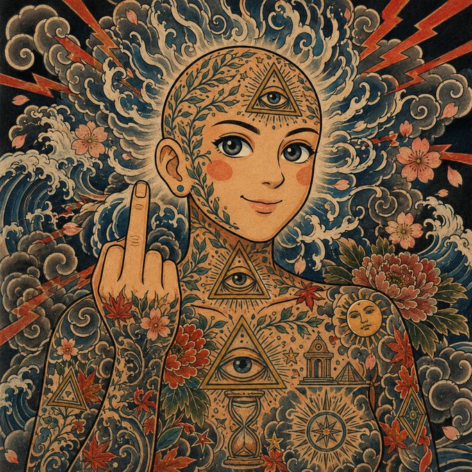 A tattooed bald figure with all-seeing eyes, a raised middle finger, and esoteric symbols set against stylized waves and lightning.