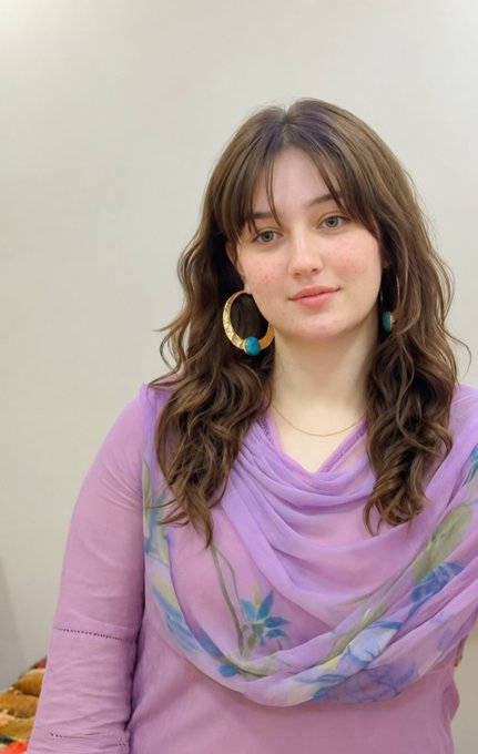A young woman with wavy brown hair, wearing a lavender top with a floral-patterned scarf and gold hoop earrings, poses against a plain wall. The image has no clear connection to the post about @CNPYNetwork and Layer 1 blockchain infrastructure—it appears unrelated to the technical content about app-chains and validator sets.