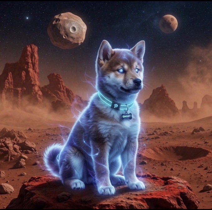 An AI-generated image of a Shiba Inu dog wearing a glowing collar with a 'GHOST' tag, sitting on a red rocky alien planet with moons and lightning in the background.