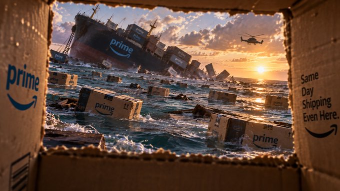 An AI-generated scene of a cargo ship loaded with Amazon Prime boxes sinking into the ocean, framed by a torn cardboard box advertising 'Same Day Shipping Even Here.'