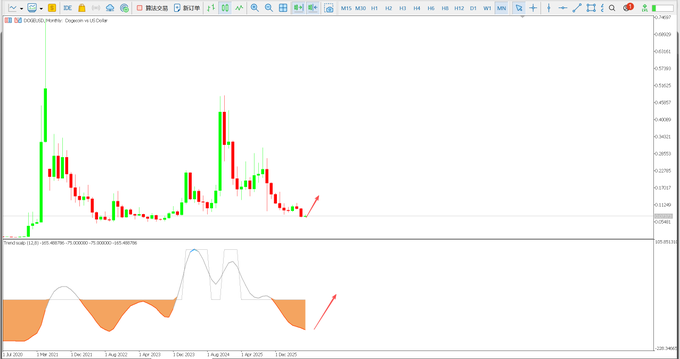 A monthly candlestick chart of DOGE/USD (Dogecoin vs US Dollar) is displayed on MetaTrader, with an Ichimoku cloud indicator beneath the price action showing a bullish setup forming as the price recently broke above the cloud baseline. The chart spans from late 2020 to mid-2025, illustrating the post's point that Dogecoin has bottomed on the monthly timeframe and historically begins its major rallies with a sudden large bullish candle.