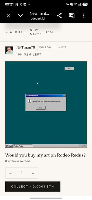 A screenshot of a mobile web browser showing an NFT minting page on Rodeo Art, featuring artwork of a vintage dialog box asking 'Would you buy my art on Rodeo Redux?' listed at 0.0001 ETH.