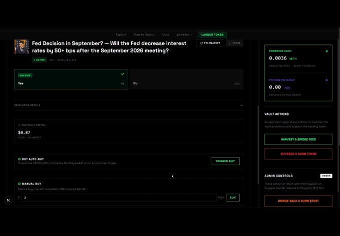 The image shows a Polymarket-style prediction vault dashboard titled "Fed Decision in September? — Will the Fed decrease interest rates by 50+ bps after the September 2026 meeting?" with an active "Yes" position at 6%, a required capital of $0.67, and a Robbins vault yielding 0.0036 wETH alongside buyback and trigger controls, demonstrating the token-gated Pons v2 prediction market launch tied to requiring deployers to hold $pfwa.