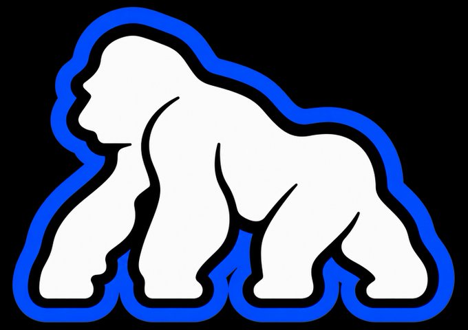 A simple, stylized graphic of a white gorilla with a black outline surrounded by a blue border on a black background.