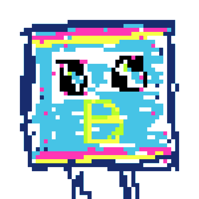 A pixel art illustration of a glitchy blue, pink, and white character or icon with black pixelated eyes.