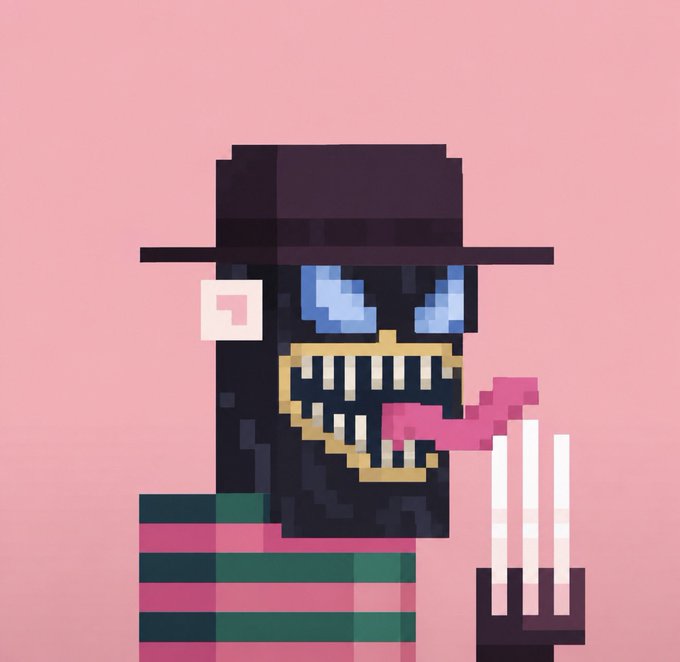 A pixel art portrait of a menacing figure in a black wide-brimmed hat with glowing blue eyes, a jagged yellow grin, and a striped body, holding a pitchfork with a pink candy-like element against a pink background—appearing to be the custom 1/1 NFT being rated from the BITFOOTS collection.
