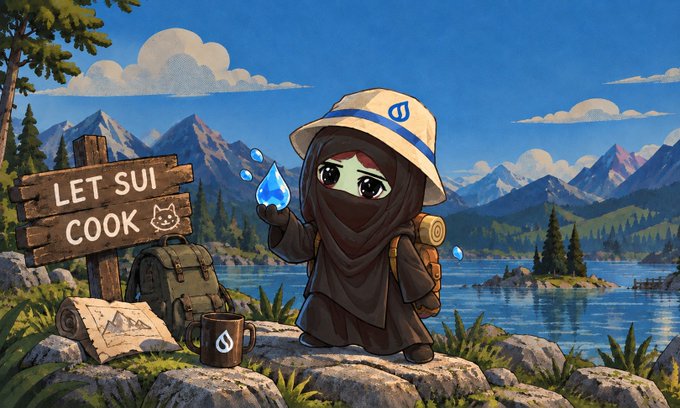 Anime-style chibi character in ninja/monk robes with a Sui logo bucket hat, holding a water droplet near a wooden sign reading 'LET SUI COOK' by a mountain lake.