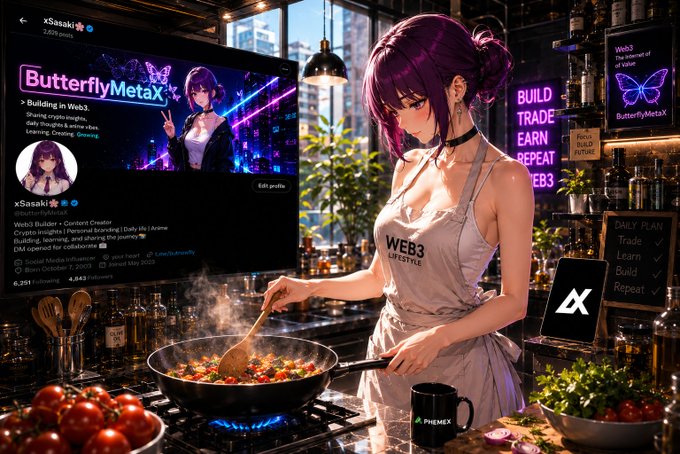 A complex crypto/Web3 themed artwork showing a purple-haired anime woman labeled 'WEB3 LIFESTYLE' cooking at a stove, with a 'ButterflyMetaX' profile, PHEMEX mug, and 'BUILD TRADE EARN REPEAT WEB3' signage in a bar/cafe setting.