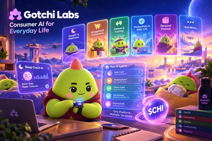 A promotional graphic for 'Gotchi Labs' titled 'Consumer AI for Everyday Life,' showcasing a green mascot and UI panels for categories like Sleep Coach, Shopping, Fitness, Productivity, and Personal Finance.