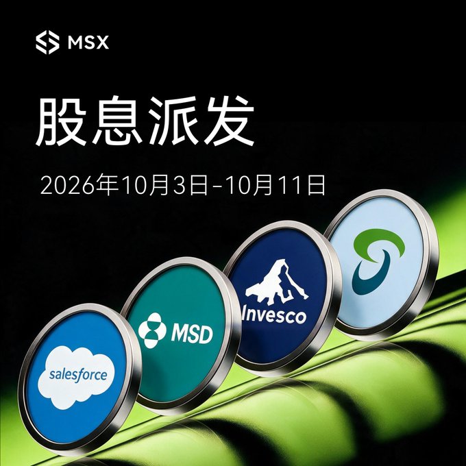 A promotional graphic with Chinese text '股息派发' (Dividend Distribution) and dates '2026年10月3日-10月11日' displayed by MSX, featuring logos for Salesforce, MSD, Invesco, and a green circular logo.
